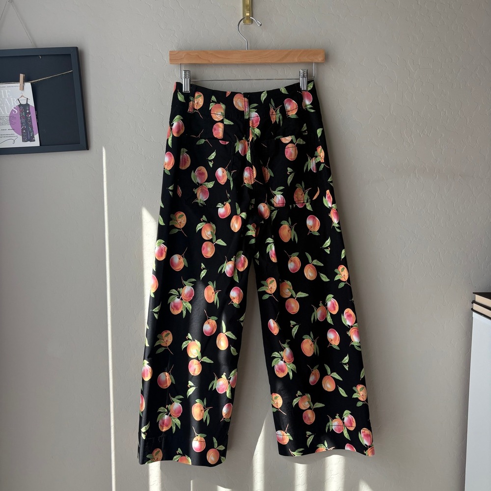 Maeve Anthropologie The Colette Peach Print Wide Leg Pants Black Size 25P - Picture 6 of 9